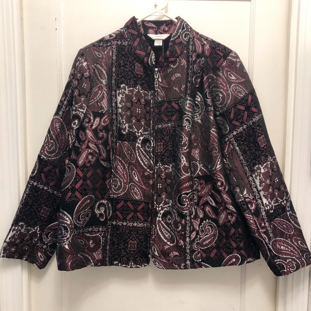CJ Banks Maroon, Black, Silver Textured Blazer Full Zipper Size 1X